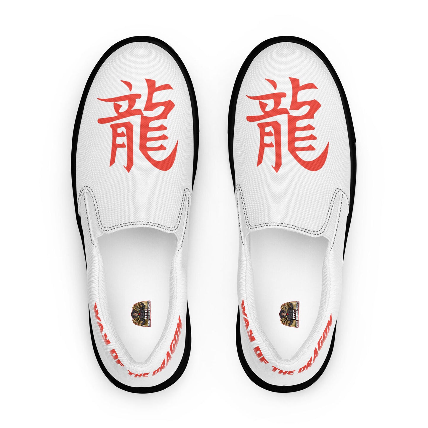 Way of the Dragon Mens Slip-on Canvas Shoes, KungFu Style, Red Print, Black Trim