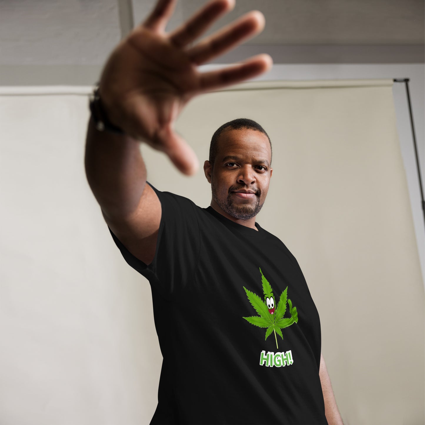 Cannabis T Shirt Mens 'High!' | Marijuana Pot Leaf Custom Tee
