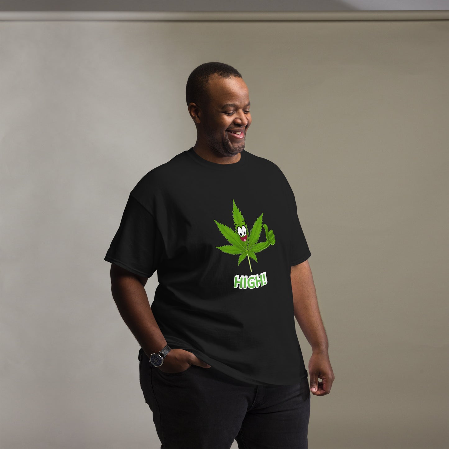 Cannabis T Shirt Mens 'High!' | Marijuana Pot Leaf Custom Tee