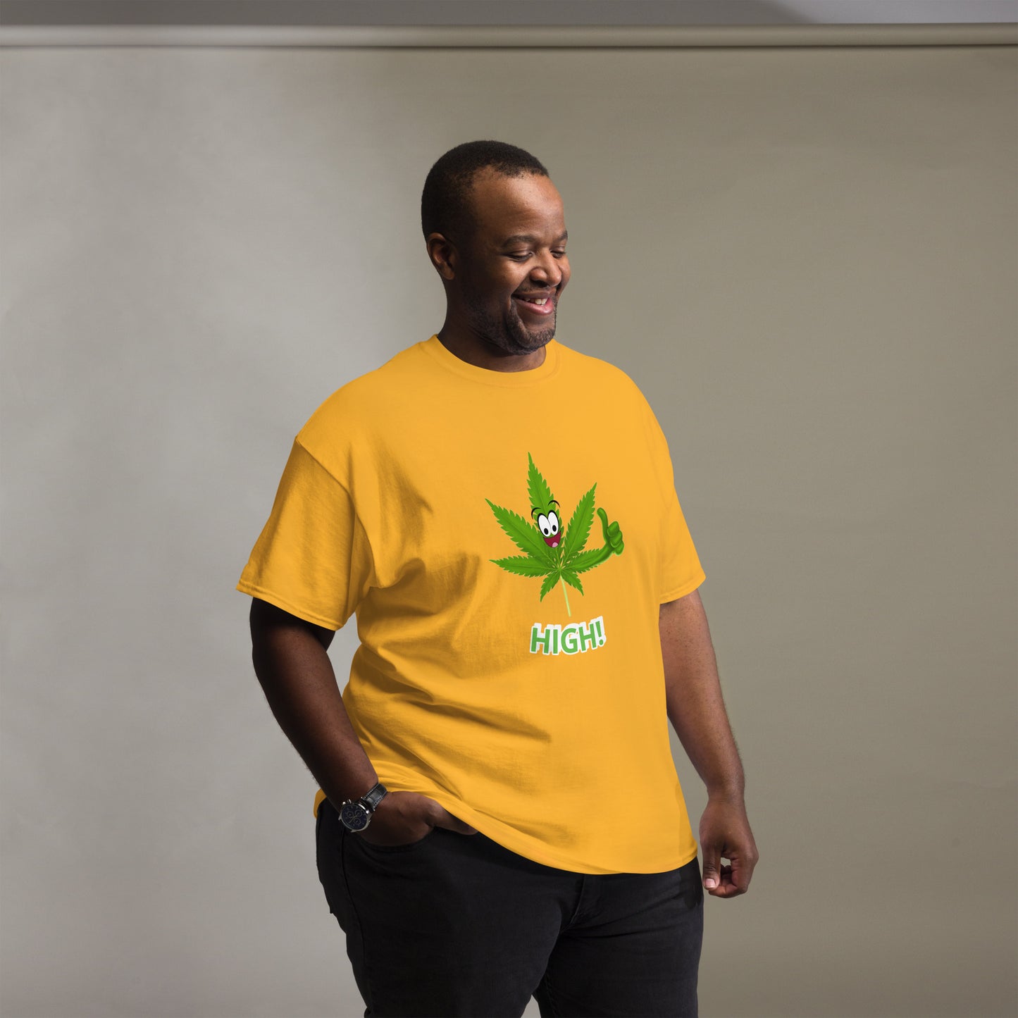 Cannabis T Shirt Mens 'High!' | Marijuana Pot Leaf Custom Tee
