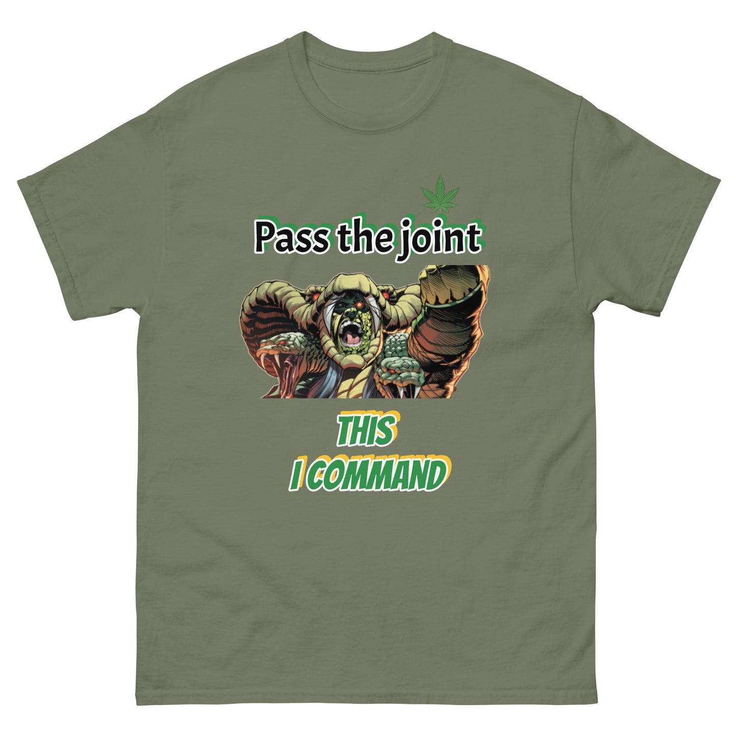 Funny Cannabis T-Shirt 'Pass the Joint | This I Command' Serpentor GI Joe Tee