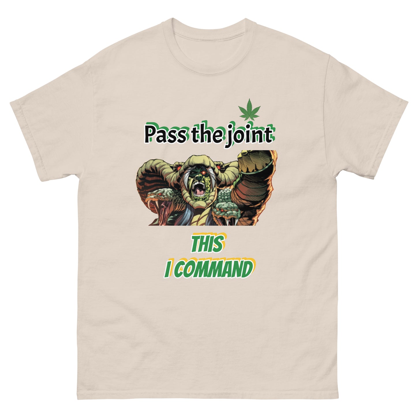 Funny Cannabis T-Shirt 'Pass the Joint | This I Command' Serpentor GI Joe Tee