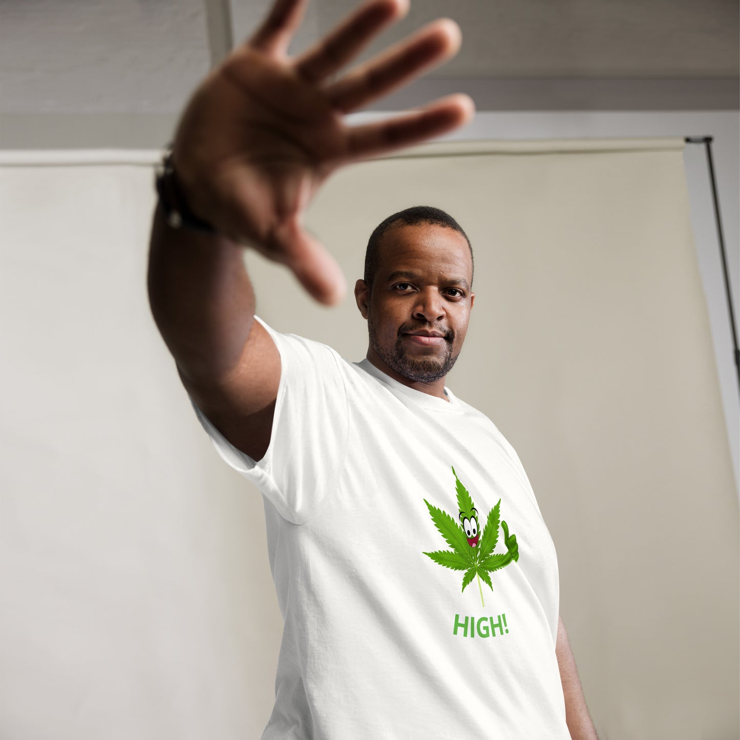 Cannabis T Shirt Mens 'High!' | Marijuana Pot Leaf Custom Tee