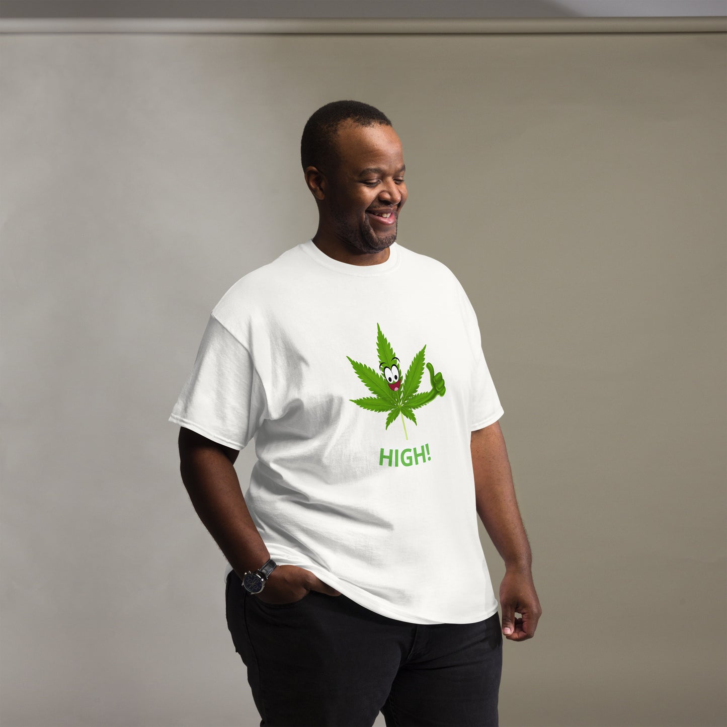 Cannabis T Shirt Mens 'High!' | Marijuana Pot Leaf Custom Tee