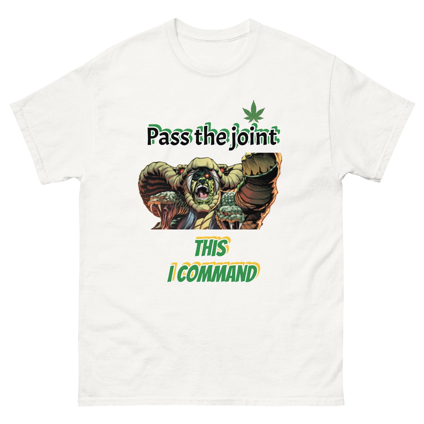 Funny Cannabis T-Shirt 'Pass the Joint | This I Command' Serpentor GI Joe Tee