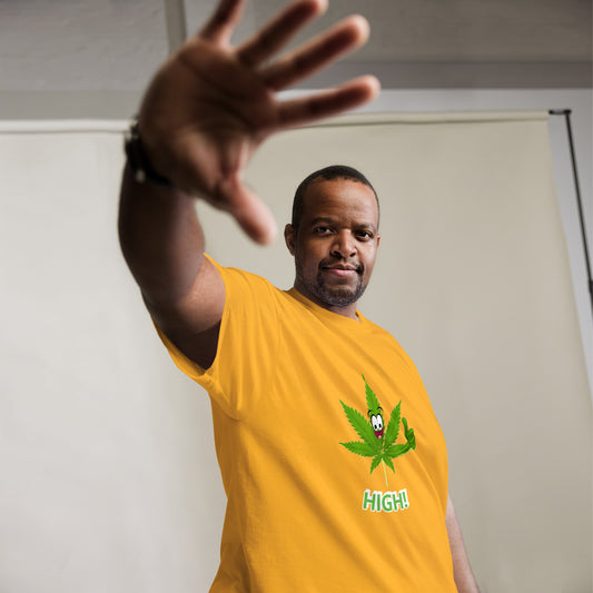 Cannabis T Shirt Mens 'High!' | Marijuana Pot Leaf Custom Tee