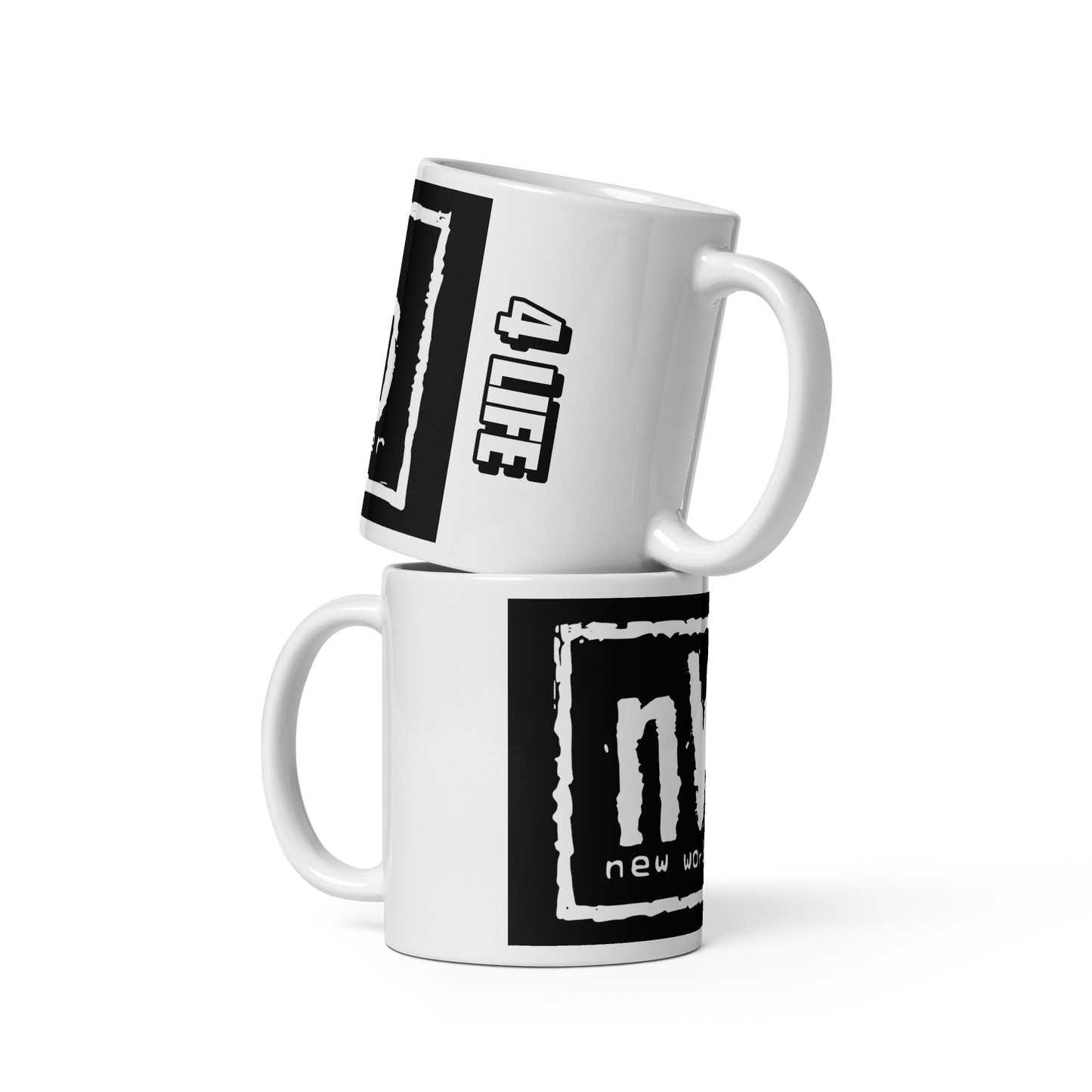 nWo Black and White Logo Print, White Glossy Mug | Custom Coffee Cups